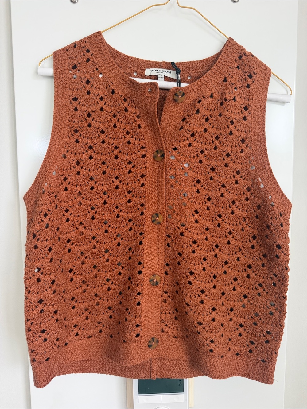 Scotch & Soda Crocheted Button-Front Vest in Rust Pecan